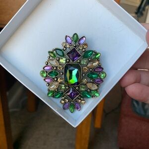 Green and purple gems, vintage costume jewelry brooch pin